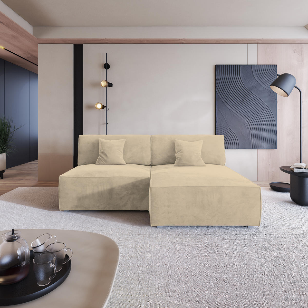 ECKSOFA FIORO M Creme Velours-Stoff mit Schlaffunktion - Creme, Holz (204/148cm) - MASSENO