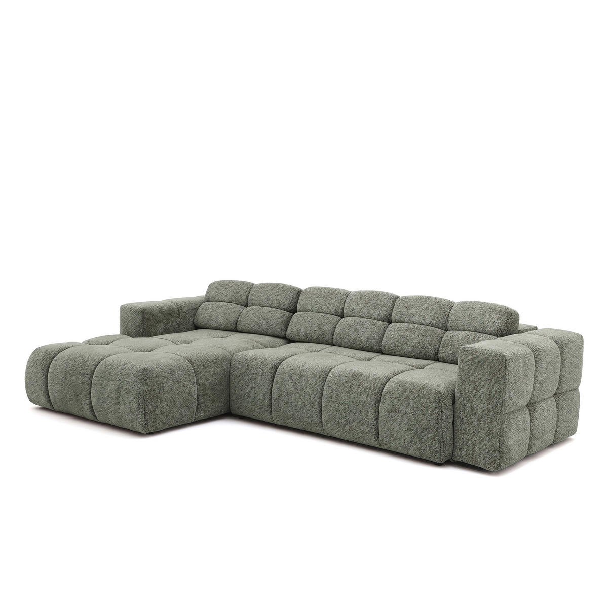 ECKSOFA TENDER Links mit Schlaffunktion und Verstellbare Kopfstützen, Chenille hellgrün - Schwarz/Hellgrün, Holz/Kunststoff (315/176cm) - Muffo