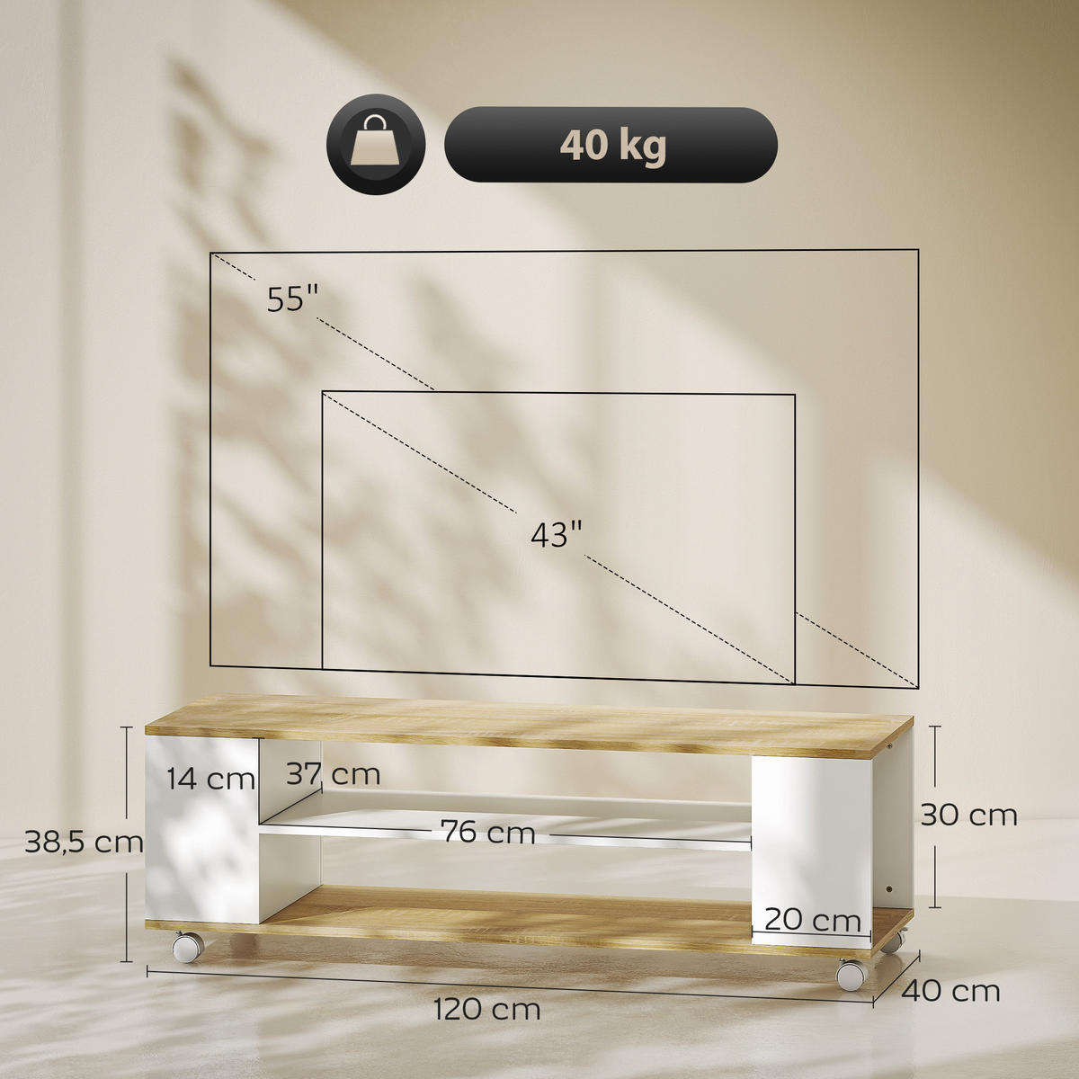 TV-LOWBOARD Weiß/Natur 120/40/38,5 cm, mit Rollen, Wandmontage möglich - Weiß, Holzwerkstoff (120/38.5/40cm) - PANGIVO