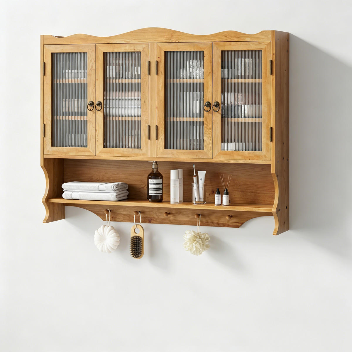 MEDIZINSCHRANK Natur mit 4 Türen, Glasfront & Hakenleiste - Naturfarben, Glas (100/80/20cm) - Urban Meuble