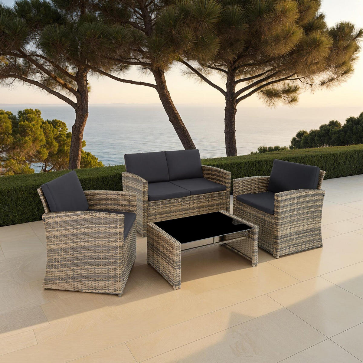 RATTANLOUNGE Jesolo, mit Sicherheitsglasplatte, natur/dunkelgrau - Naturfarben, Kunststoff - tectake