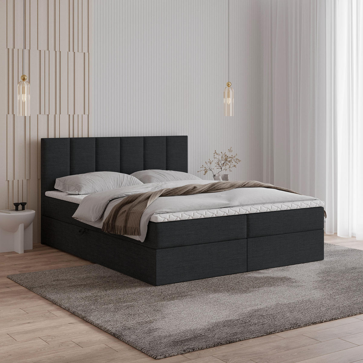 POSTEL BOXSPRING MERIL 140x200 cm, s matrací a úložným prostorem, černá - černá, kompozitní dřevo/textil (140/200cm) - MASSENO