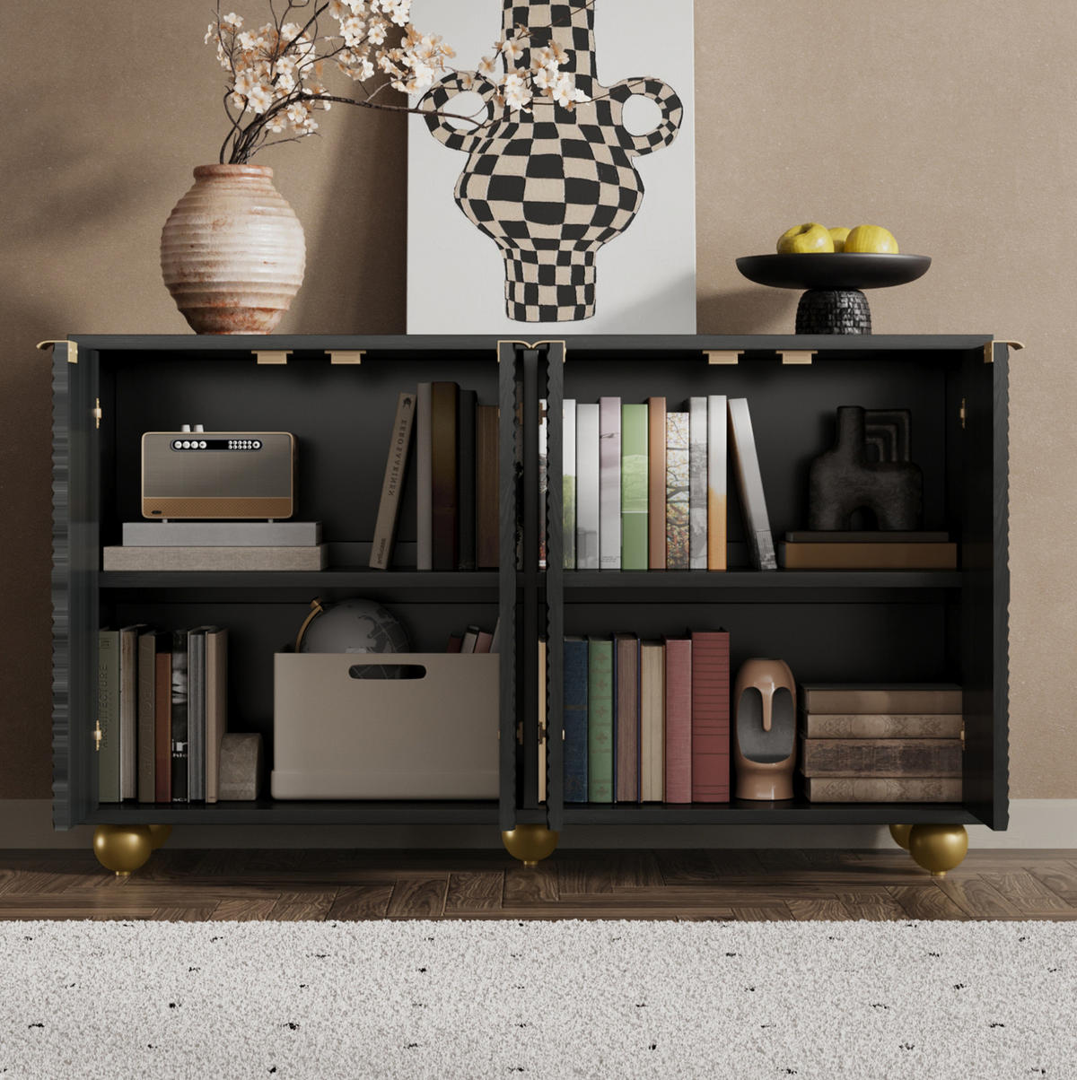 SIDEBOARD 120/35/71,5 cm in Schwarz mit 4 Türen und verstellbaren Innenböden - Schwarz, Holzwerkstoff (120/71.5/35cm) - Flora Grace