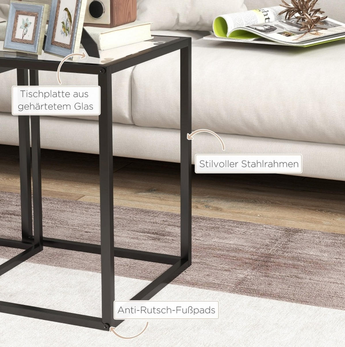BEISTELLTISCH 2er-Set 42/42/51 cm in Schwarz, stapelbar mit Glasplatte - Schwarz, Glas (42/42/51cm) - Flora Grace