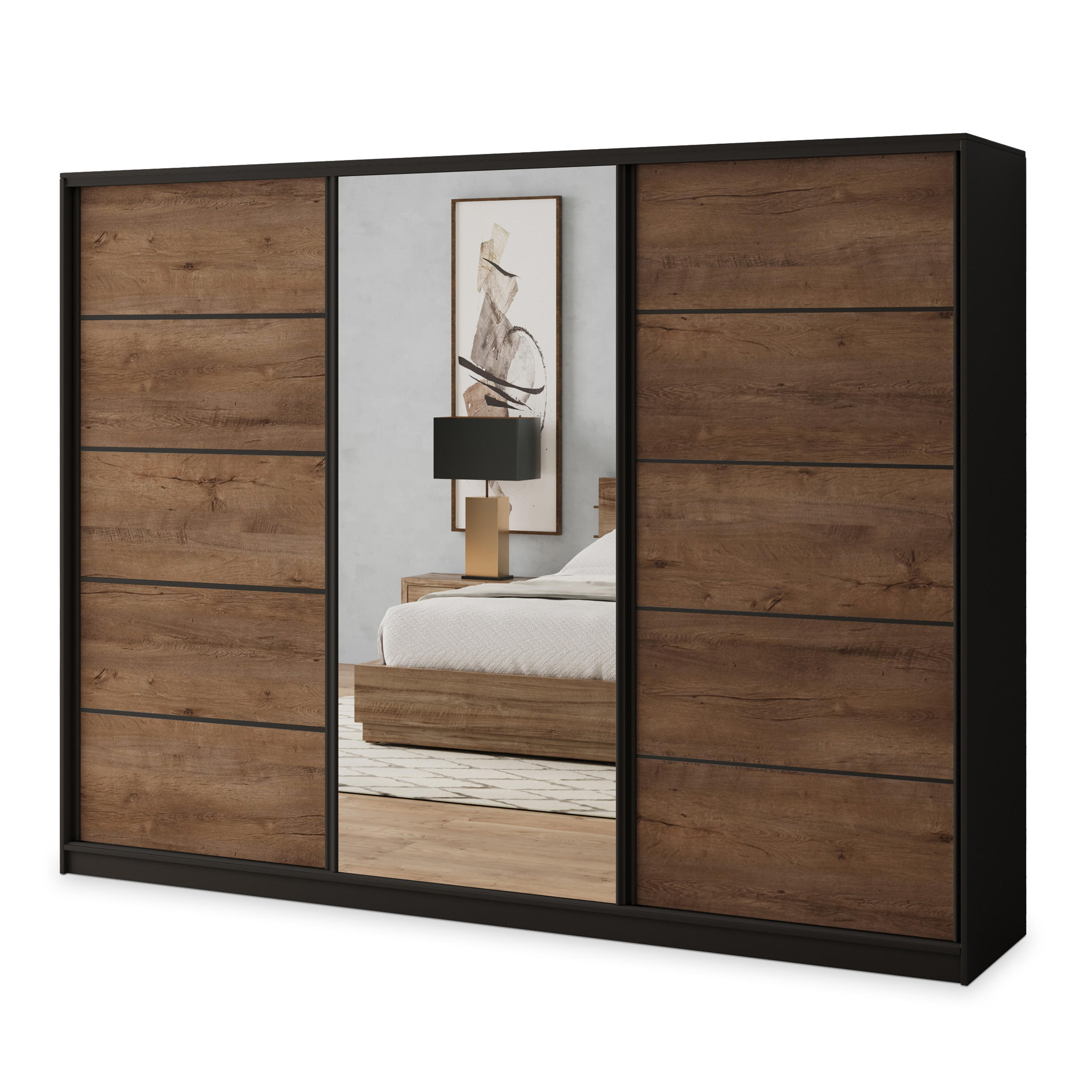 Masseno Schwebetürenschrank Schwarz, Eiche 250x205x58 cm