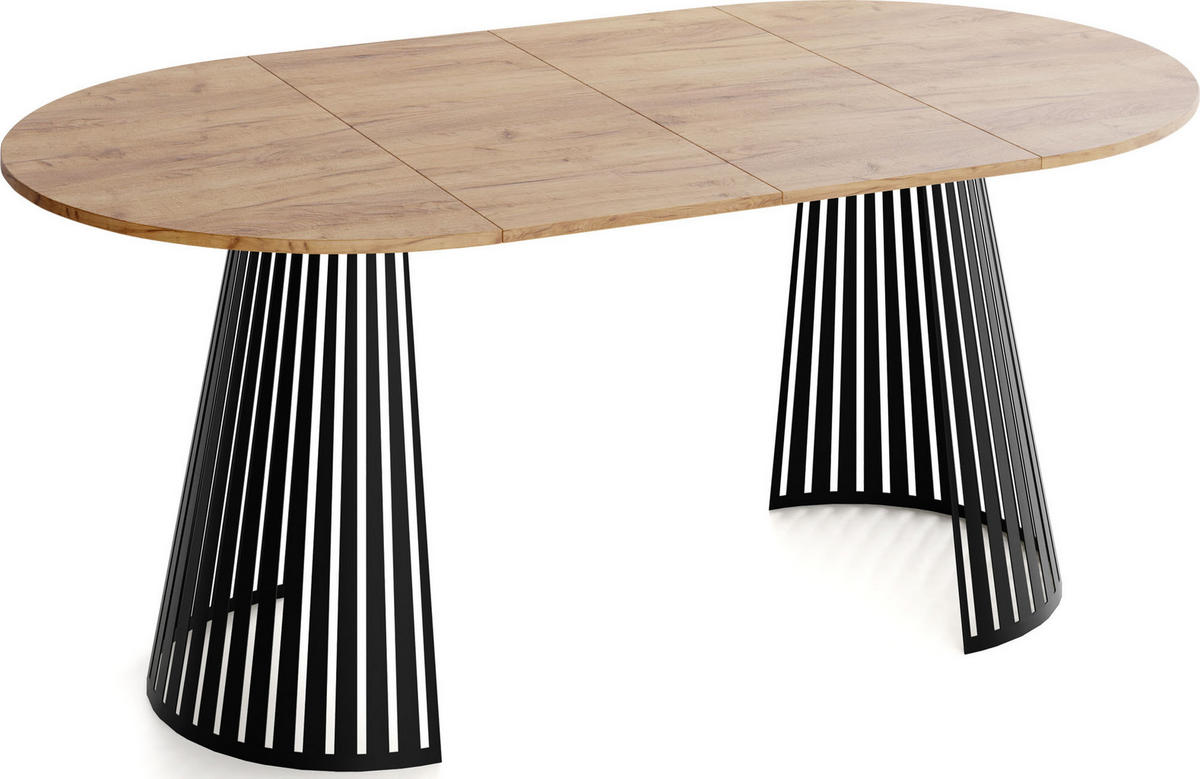 ESSTISCH Naro rund ausziehbar mit Schwarzem Lamellen-Metallgestell, Braun 100-180/100/76 cm - Eiche Wotan/Schwarz, Holzwerkstoff/Metall (100/100/76cm) - WFL GROUP