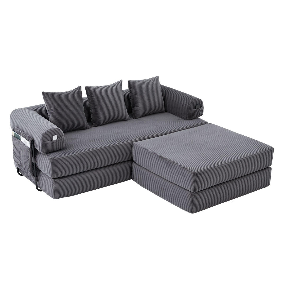 ECKSOFA aus Cord 200x190x67 cm Dunkelgrau mit Hocker, Seitentasche und 3 Kissen - Dunkelgrau, Textil (200/190cm) - Modfu