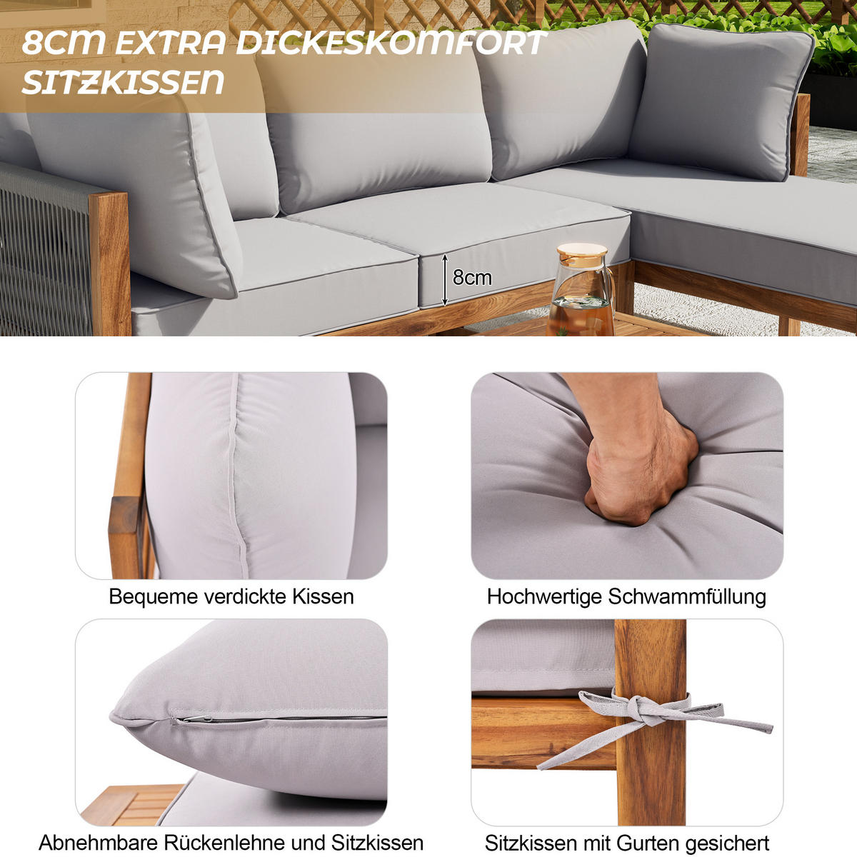 LOUNGEGARNITUR Grau aus Akazienholz 3er Set - Grau, Holz - OKMYHOME
