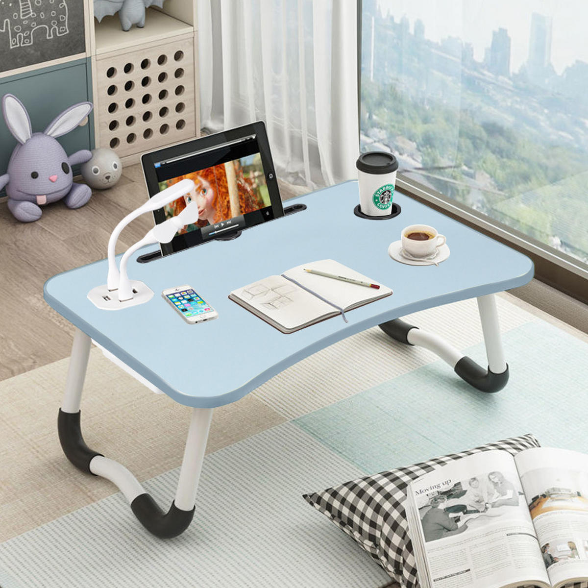 LAPTOPTISCH Klappbarer mit USB-Anschlüssen für Bett und Couch in Hellblau - Blau, Metall (40/60/28cm) - Livingandhome