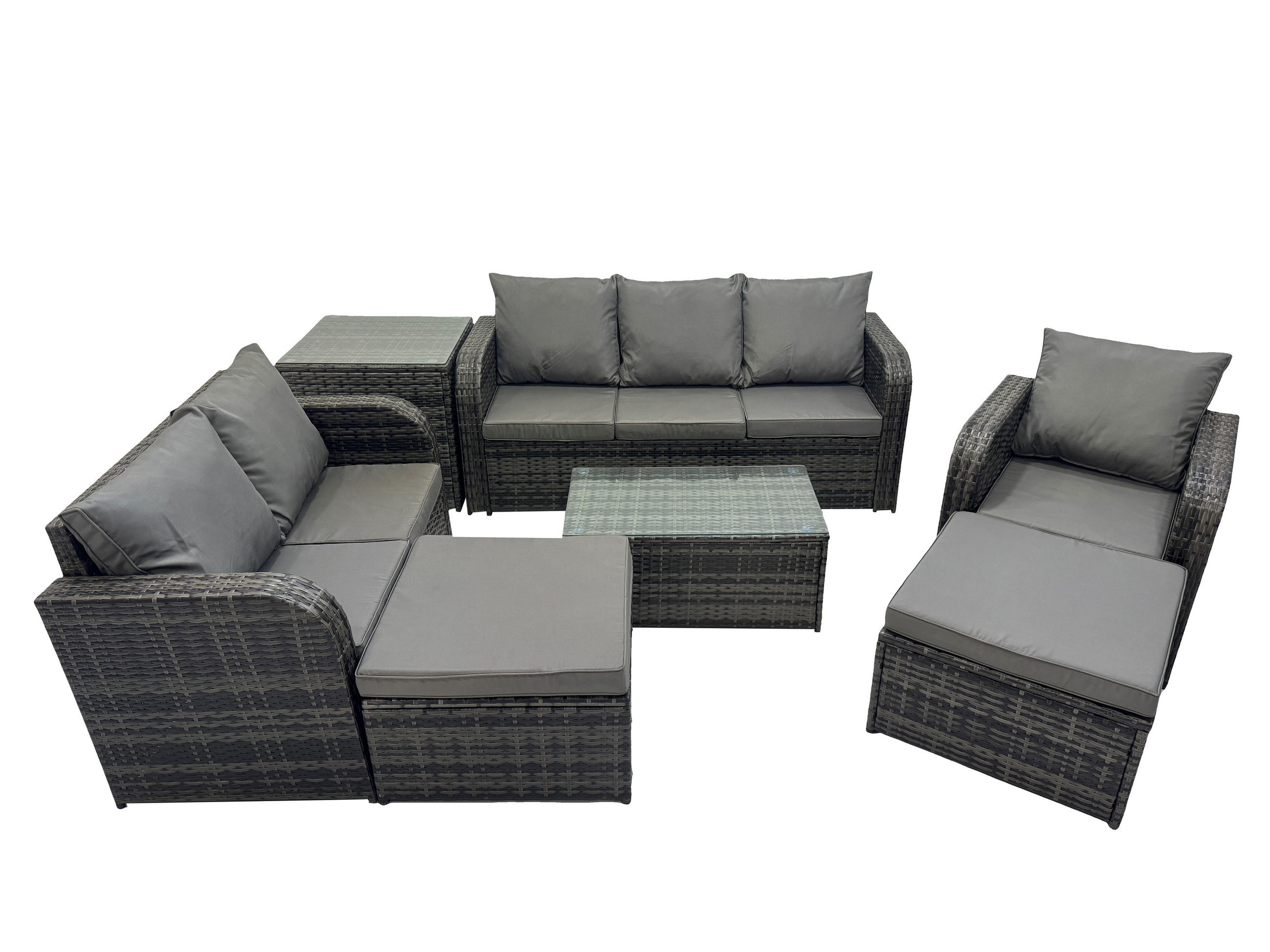 GARTENSET Polyrattan Dunkelgrau 6-Sitzer - Dunkelgrau/Grau, Glas/Kunststoff - Fimous