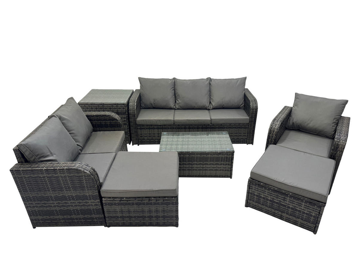 GARTENSET Polyrattan Dunkelgrau 6-Sitzer - Dunkelgrau/Grau, Glas/Kunststoff - Fimous