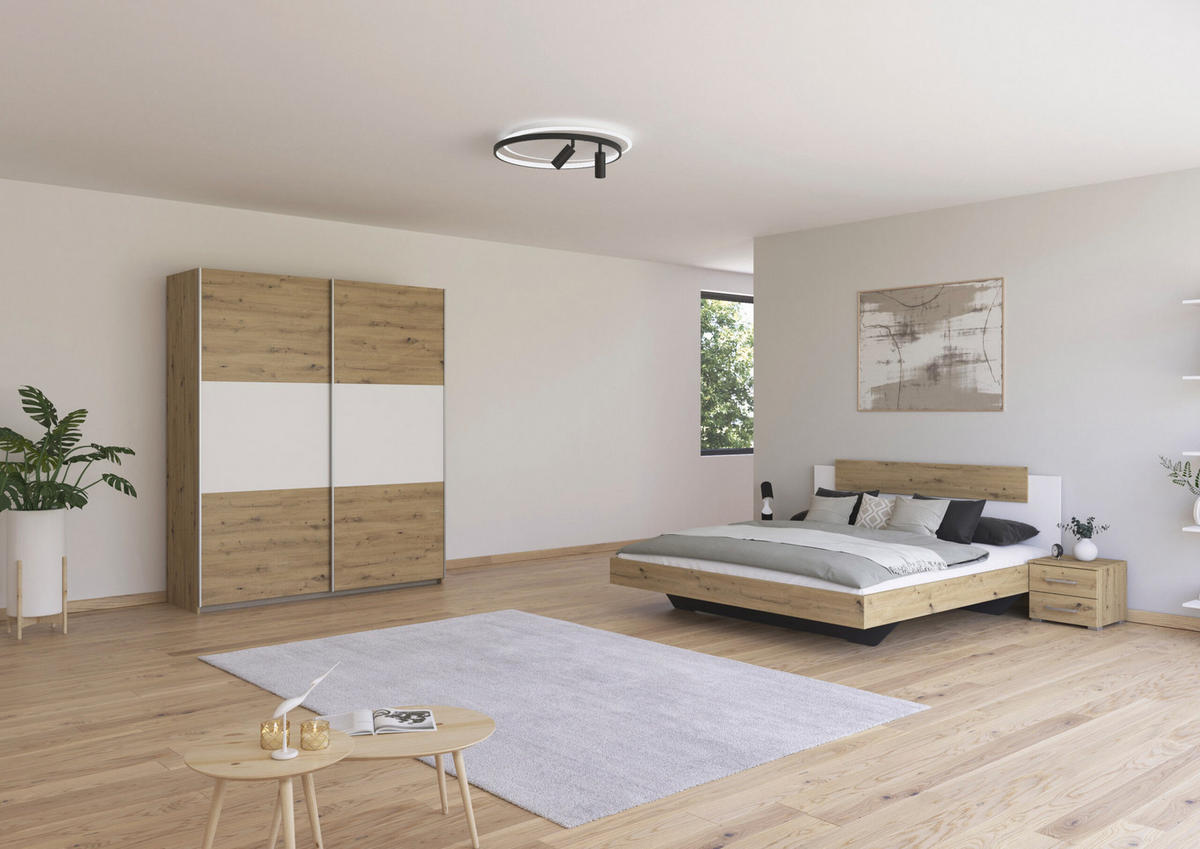 SCHLAFZIMMER Borba in Eiche und Weiß 4 teilig – mit Bettanlage 180x200cm, zwei Nachttisch und Schwebetürenschrank 175cm Breite - Braun, Holzwerkstoff (80/200/120cm)