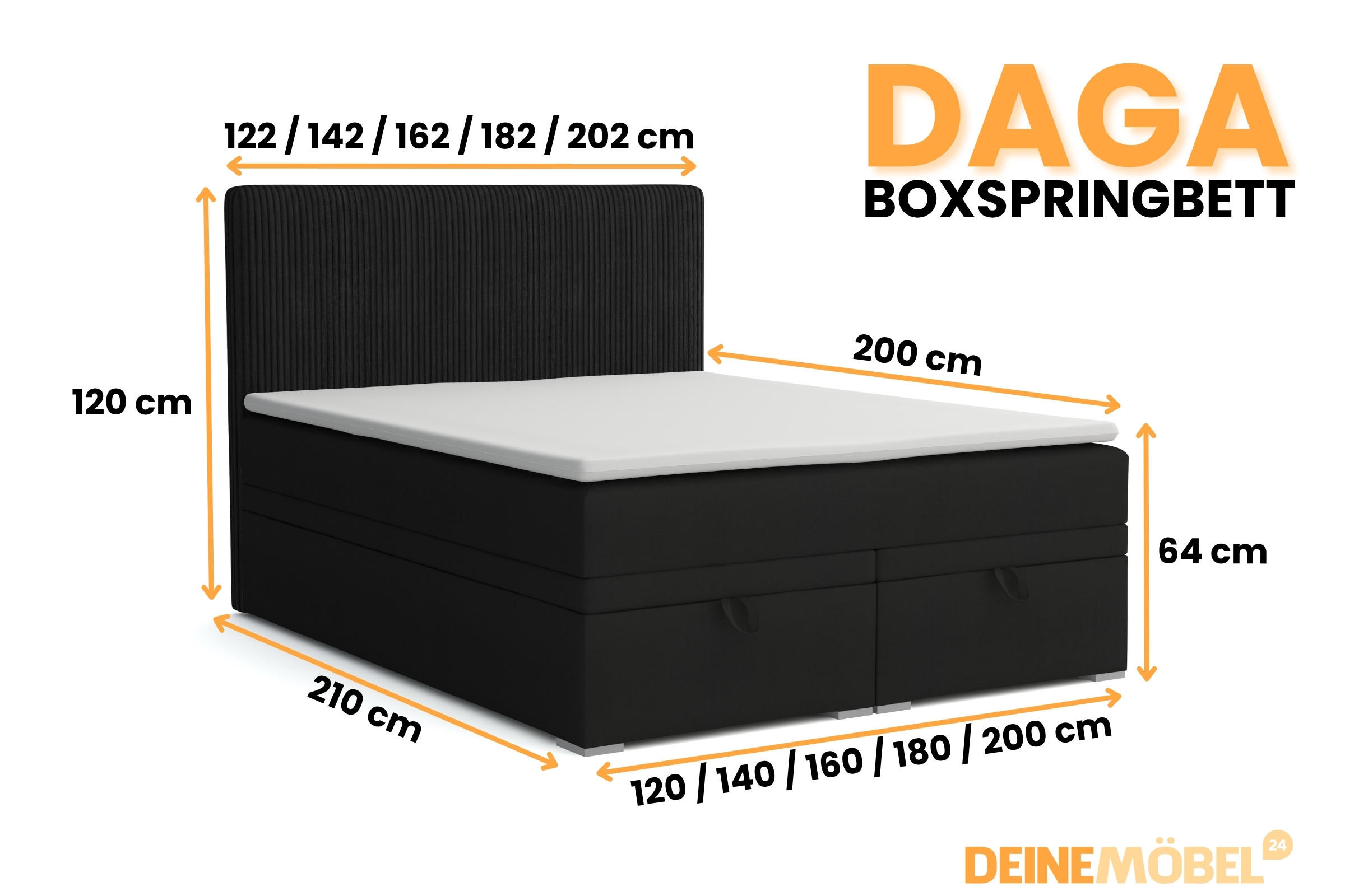 Thumbnail - Deine Möbel 24 Boxbett, Schwarz, Holz, Holzwerkstoff, Textil, H4, 200x200 cm, Schlafzimmer, Betten, Boxspringbetten