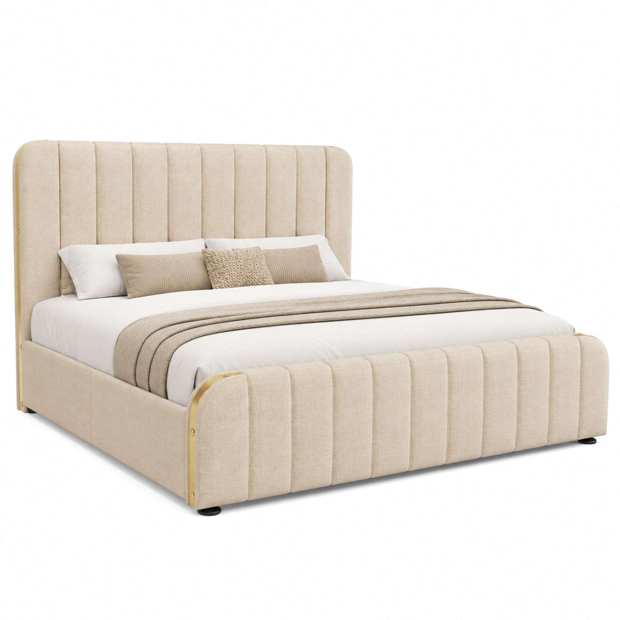 POLSTERBETT mit USB und 4 Schubladen 160x200 cm Leinen Beige - Beige, Metall (160/200cm) - Meubliv