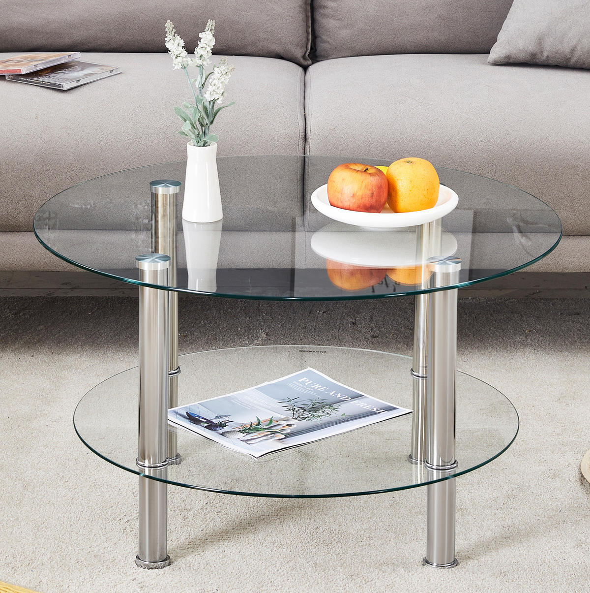 COUCHTISCH 70/70/42 cm mit 2 Glasplatten und Metallgestell, modern und platzsparend, Silber/Transparent - Silberfarben, Glas (70/70/42cm) - Redom