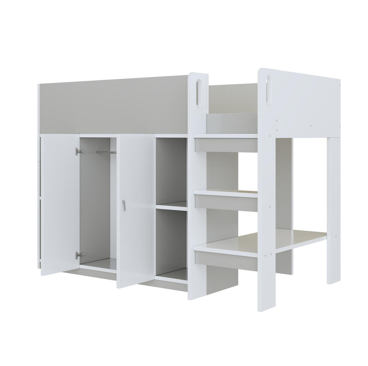 HOCHBETT 90/200 cm in Grau/Weiß mit Schrank, Regalen und Leiter - Grau, Holz (90/200cm) - Flora Grace