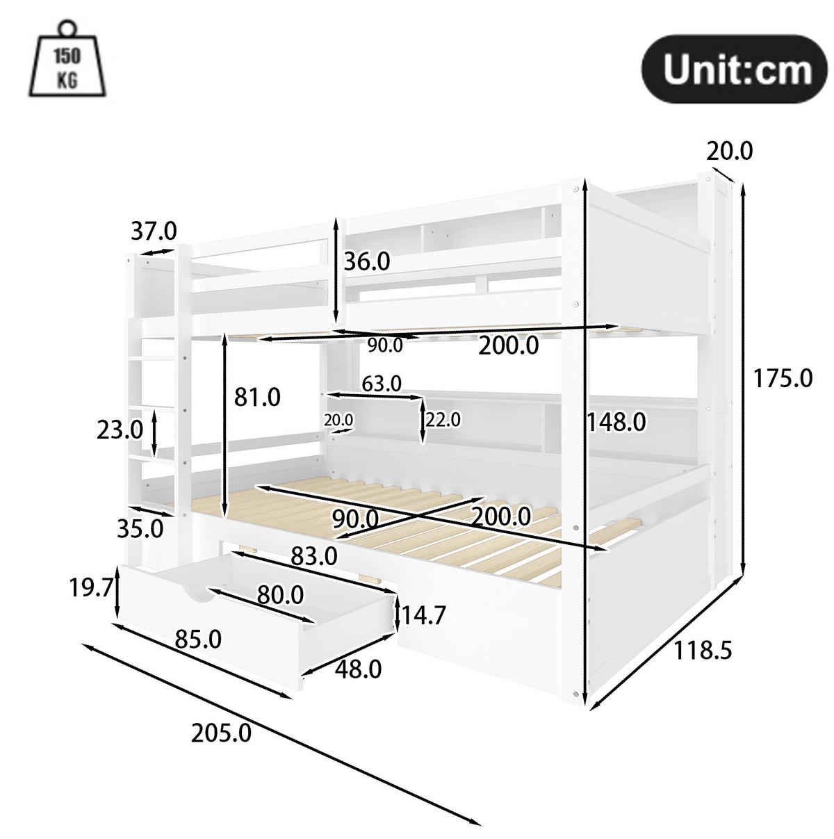 ETAGENBETT 90/200 cm aus Kiefer und MDF mit Schublade und Ablagefächern Weiß - Weiß, Holz (90/200cm) - Modenvie