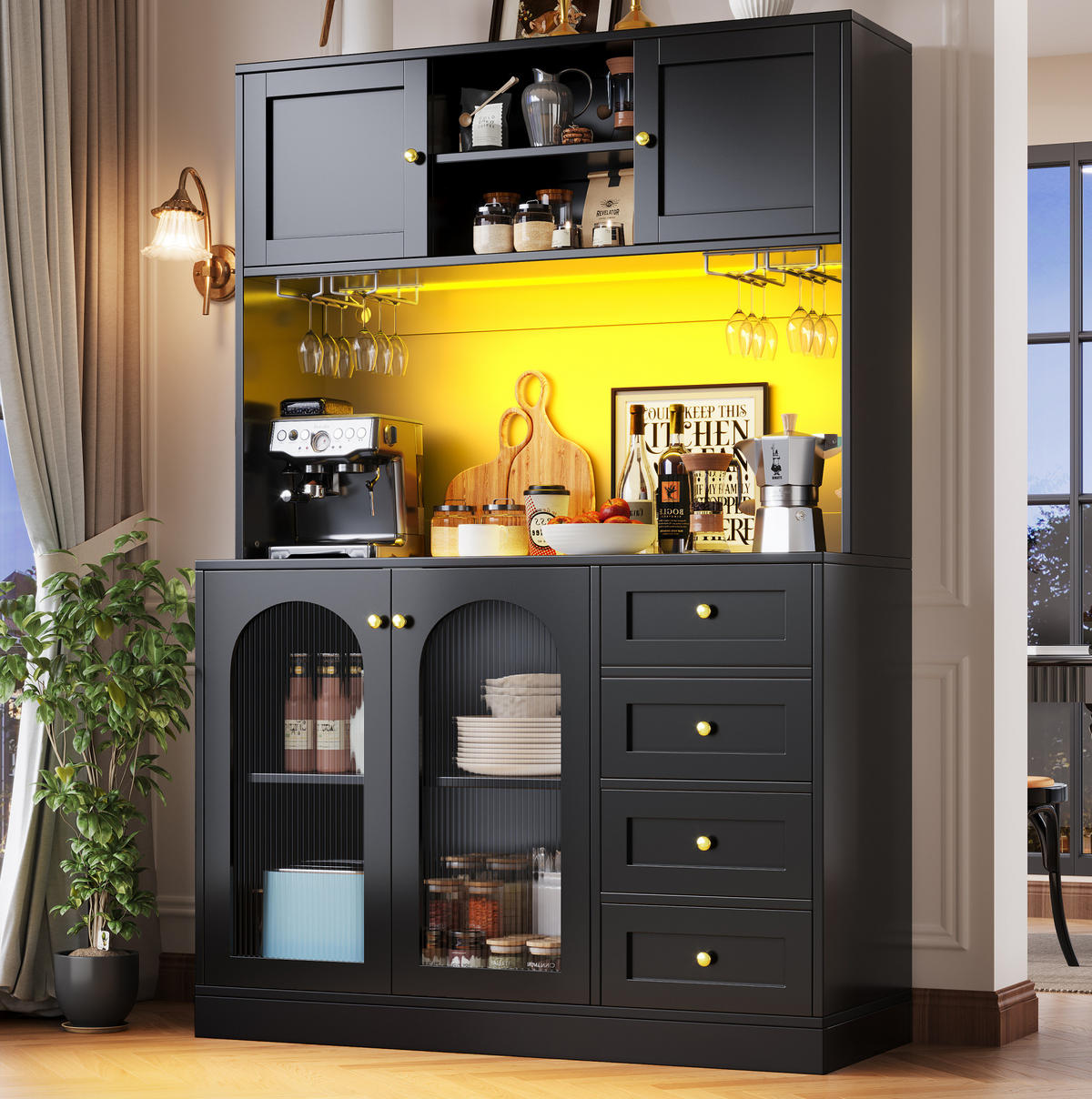 KREDENC, 120/40/188 cm, MDF crni, s LED rasvjetom - crna, drvni materijal (120/188/40cm) - BEAOK