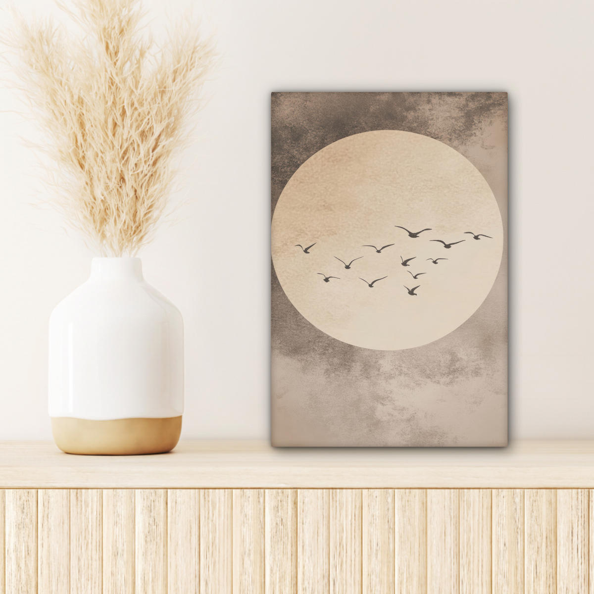 LEINWANDBILD Vogel - Beige - Japanisch Deko Wohnzimmer 20x30 cm - Taupe, Textil (20/30cm) - MuchoWow