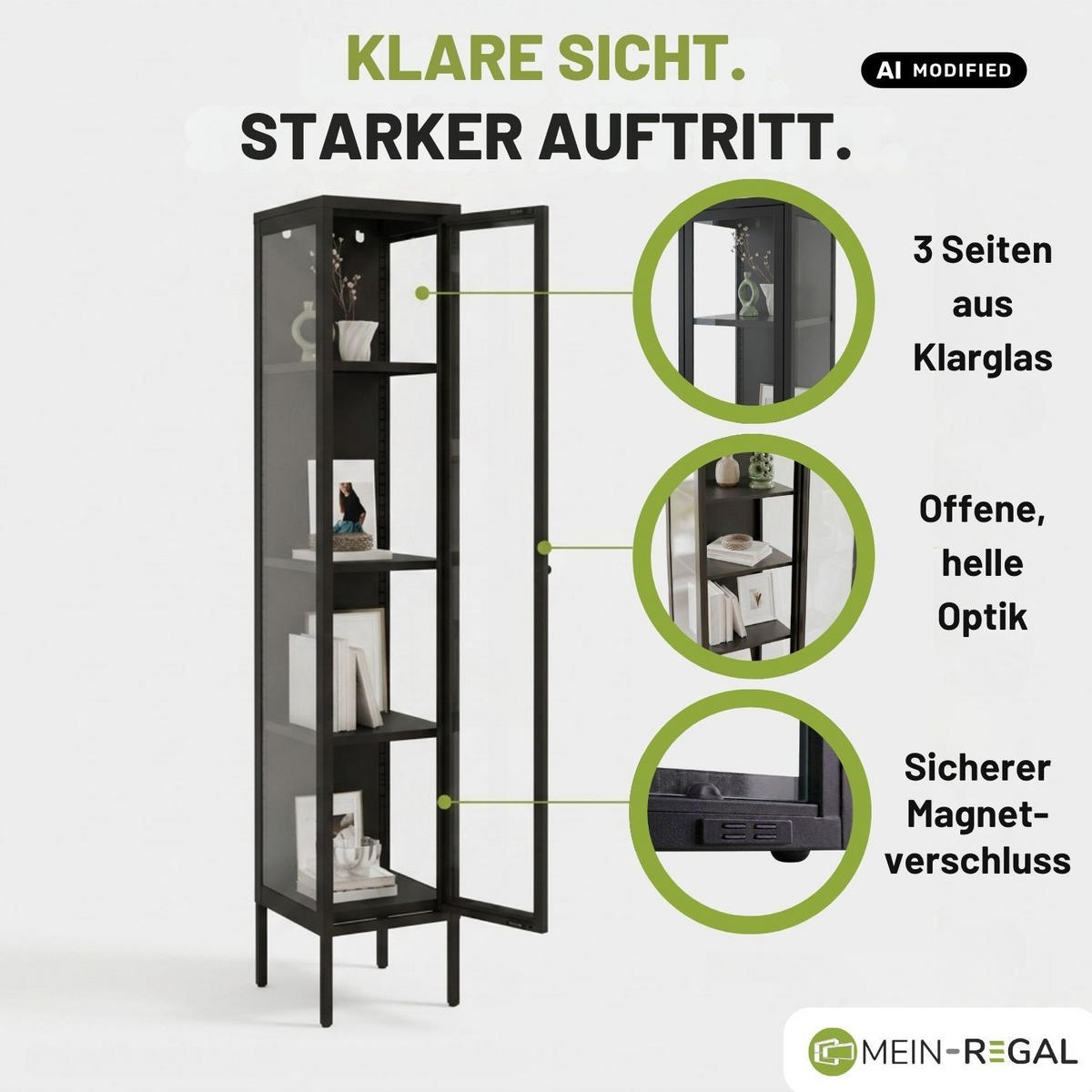 SCHMALE ECK-VITRINE GLASGOW Metall Schwarz 40/40/170 cm - Schwarz, Metall (40/170/40cm) - Mein-Regal
