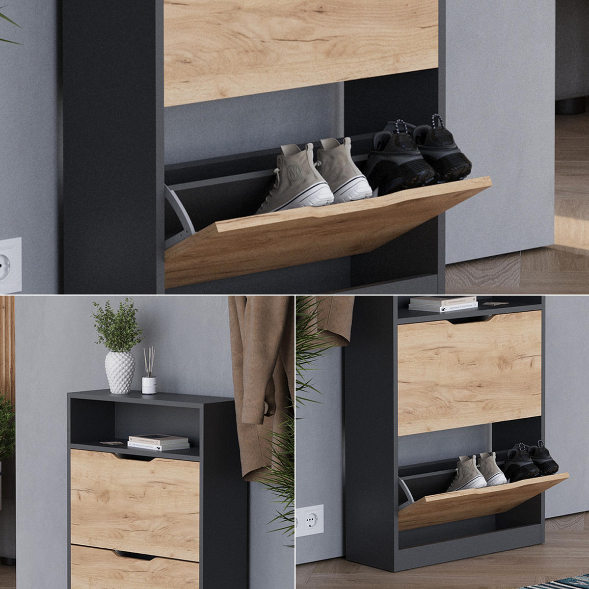 SCHUHKIPPER Luca Anthrazit/Goldkraft Eiche 22 x 89.5 cm mit 2 Fächern - Honigeiche/Anthrazit, Holzwerkstoff (59/89.5/22cm) - Vicco