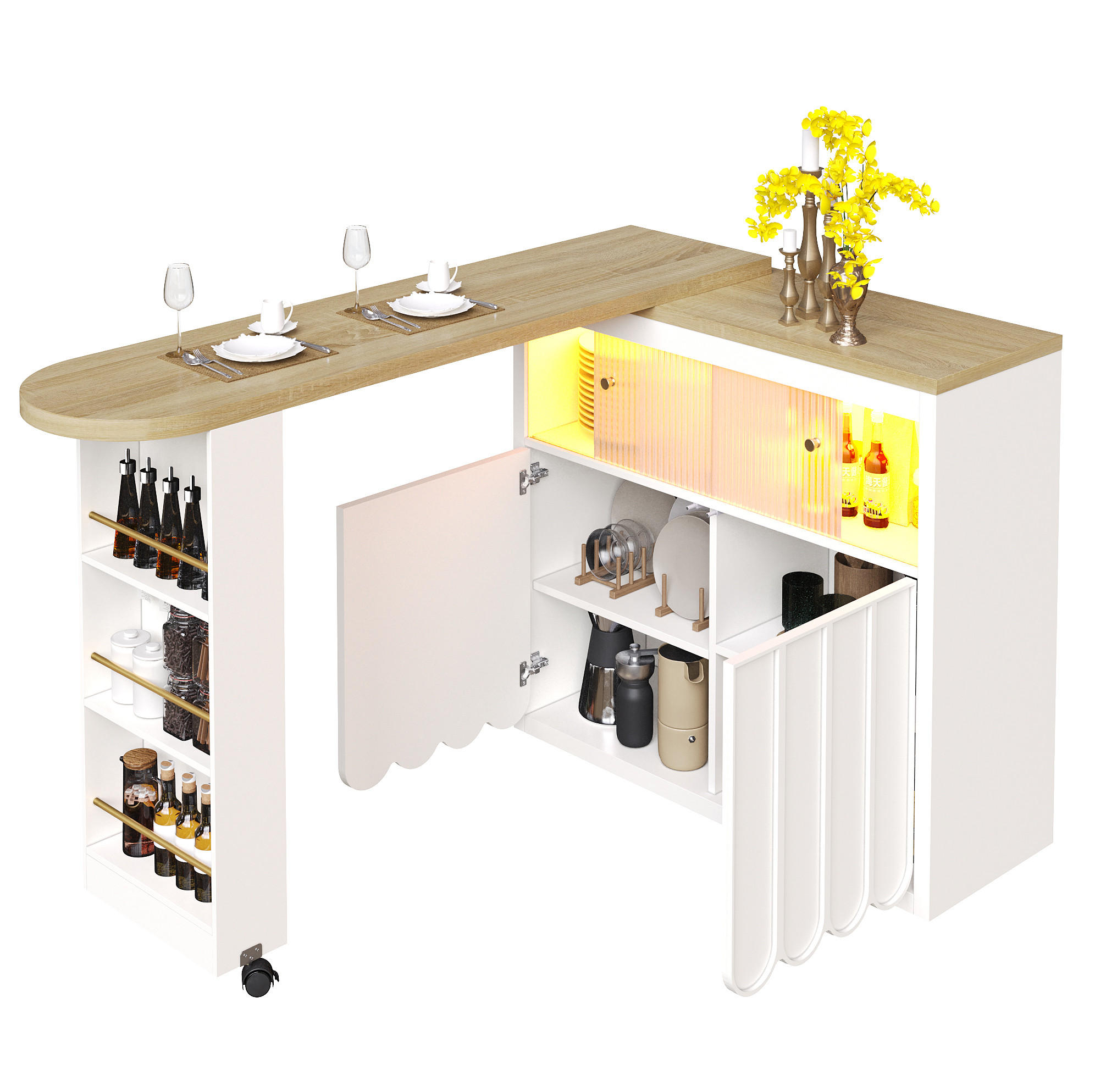 Redom BAROVÝ stůl 135-205/39/100 cm s LED, USB, úložným prostorem a kolečky, MDF/sklo, Bílá