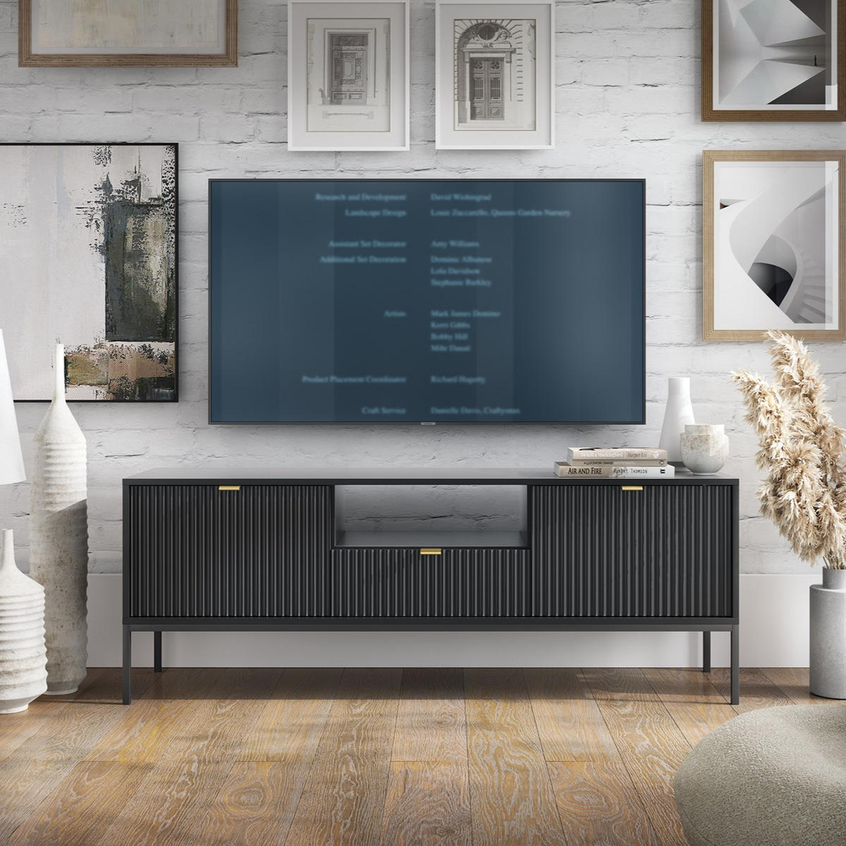 SCHWARZES Modernes Geriffeltes TV-Board KIOTO RTV2D1SZ (Schwarzes Gestell, Soft-Close Türen) - Goldfarben/Schwarz, Holz/Holzwerkstoff (154/56/39cm) - Ravio
