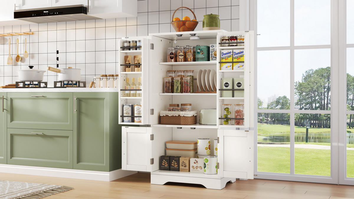 BUFFET 120/60/40 cm in Weiß mit LED-Beleuchtung und 4 Türen - Weiß, Holzwerkstoff (60/120/40cm) - Flora Grace