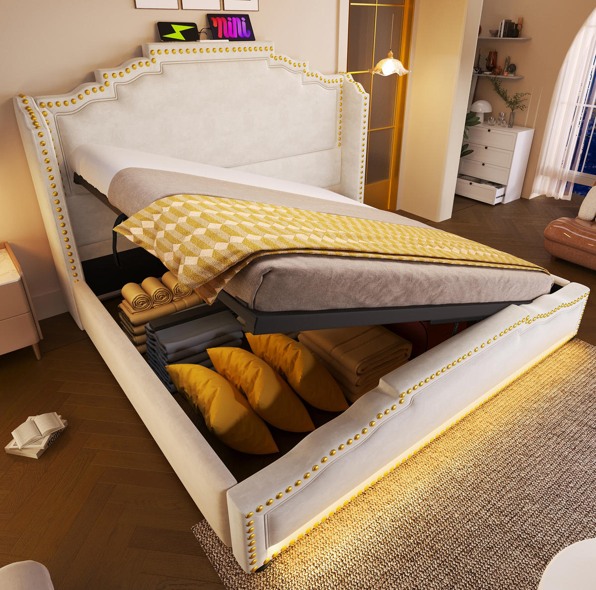 POLSTERBETT 140/200 cm mit hydraulischem Bettkasten, LED & USB/USB‑C, Samt Beige - Beige, Textil (140/200cm) - Redom