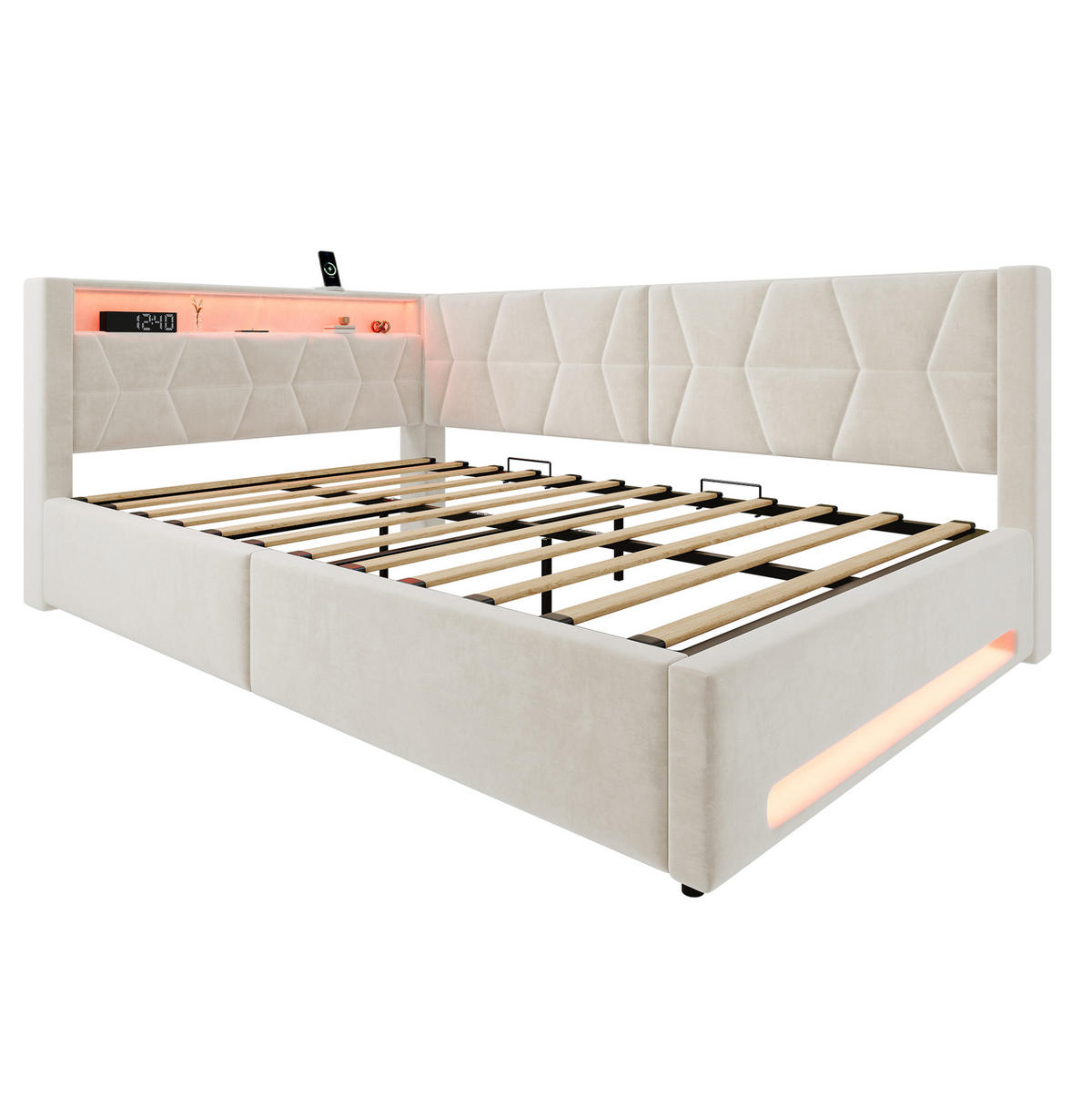 POLSTERBETT 140x200 cm in Beige mit Bettkasten, LED-Beleuchtung, USB und Type-C - Beige, Metall (140/200cm) - IVMEU
