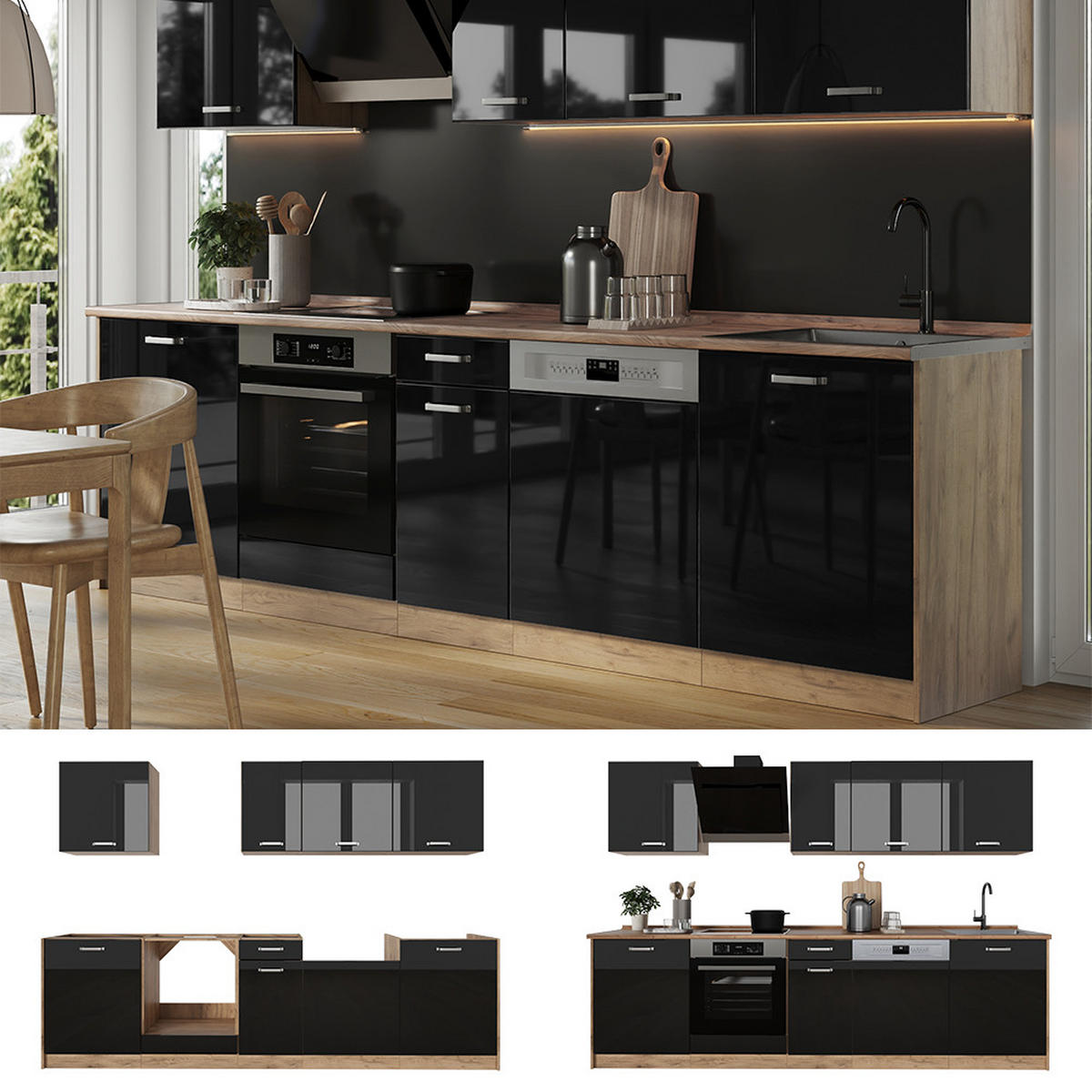 KÜCHENZEILE R-Line, Schwarz Hochglanz/Goldkraft Eiche, 280 cm Arbeitsplatte Anthrazit - Honigeiche/Schwarz Hochglanz, Holzwerkstoff (280/206.8/60cm) - Vicco