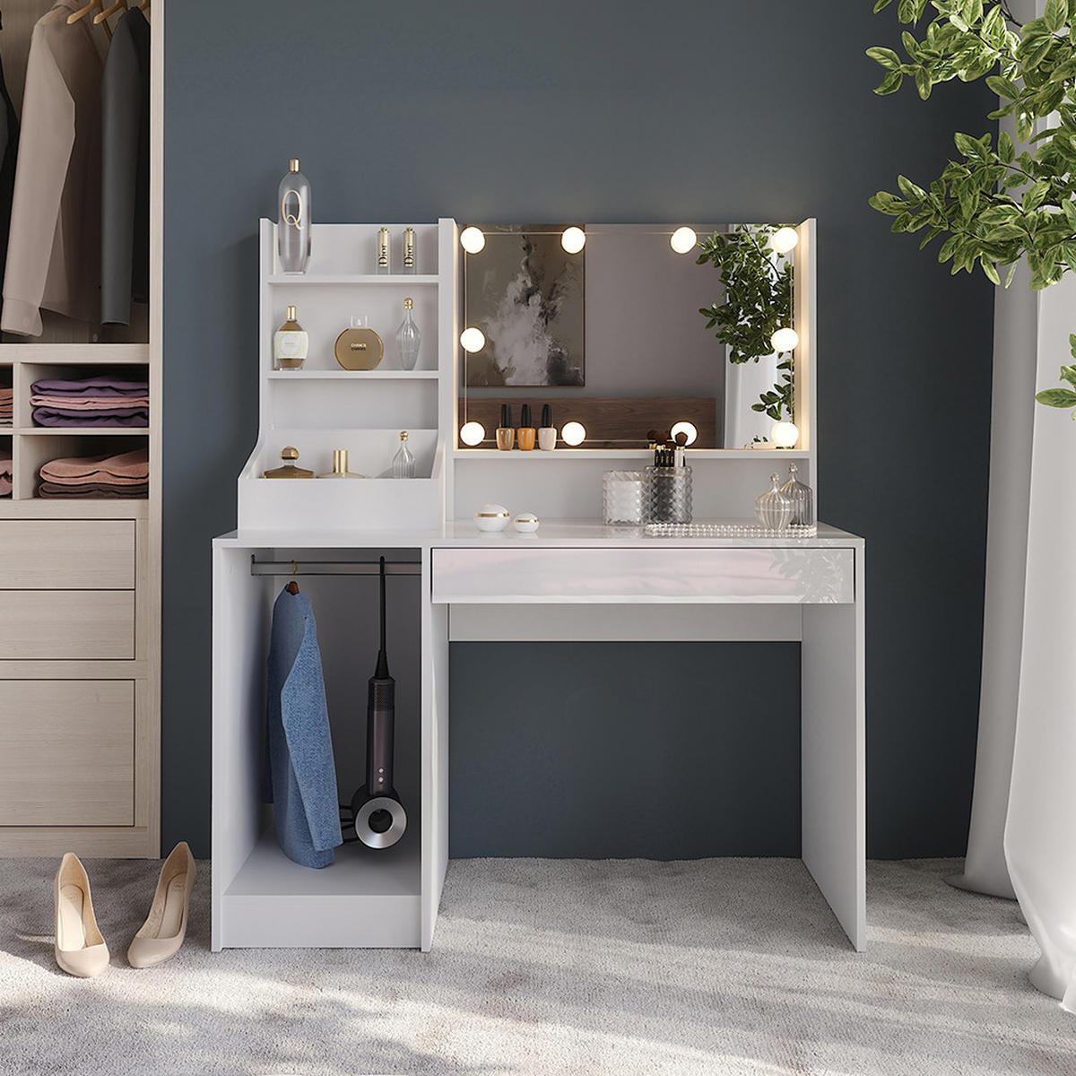 SCHMINKTISCH Sherry Weiß/Weiß Hochglanz 119.8 cm 4 Teile - Weiß Hochglanz, Holzwerkstoff (119.8/76/50.1cm) - Vicco