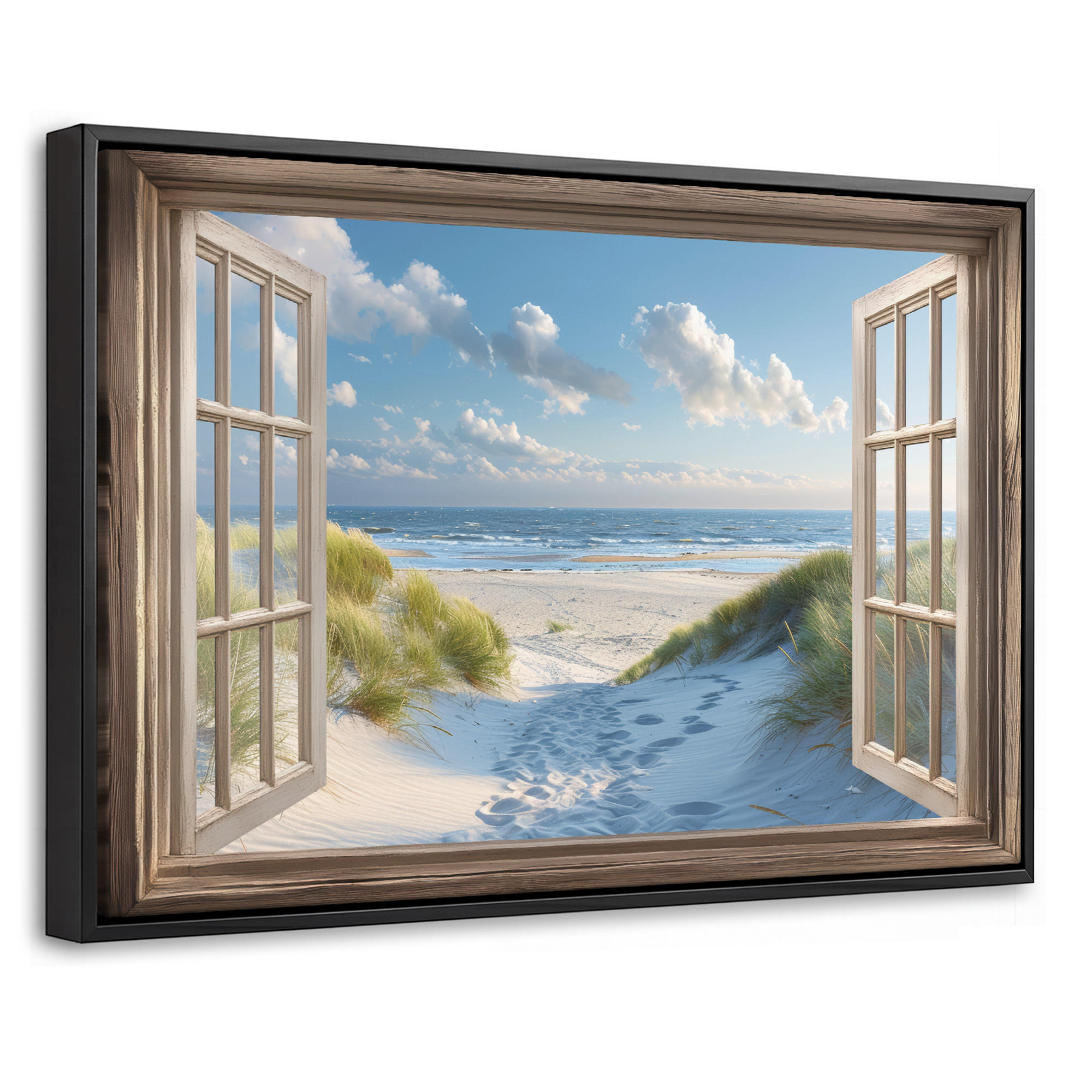 LEINWAND Bilder mit Rahmen - Aussicht - Strand - Fenster - Dünen - Meer - 30x20 - Hellblau, Textil (30/20cm) - MuchoWow