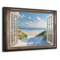 LEINWAND Bilder mit Rahmen - Aussicht - Strand - Fenster - Dünen - Meer - 60x40 - Hellblau, Textil (60/40cm) - MuchoWow