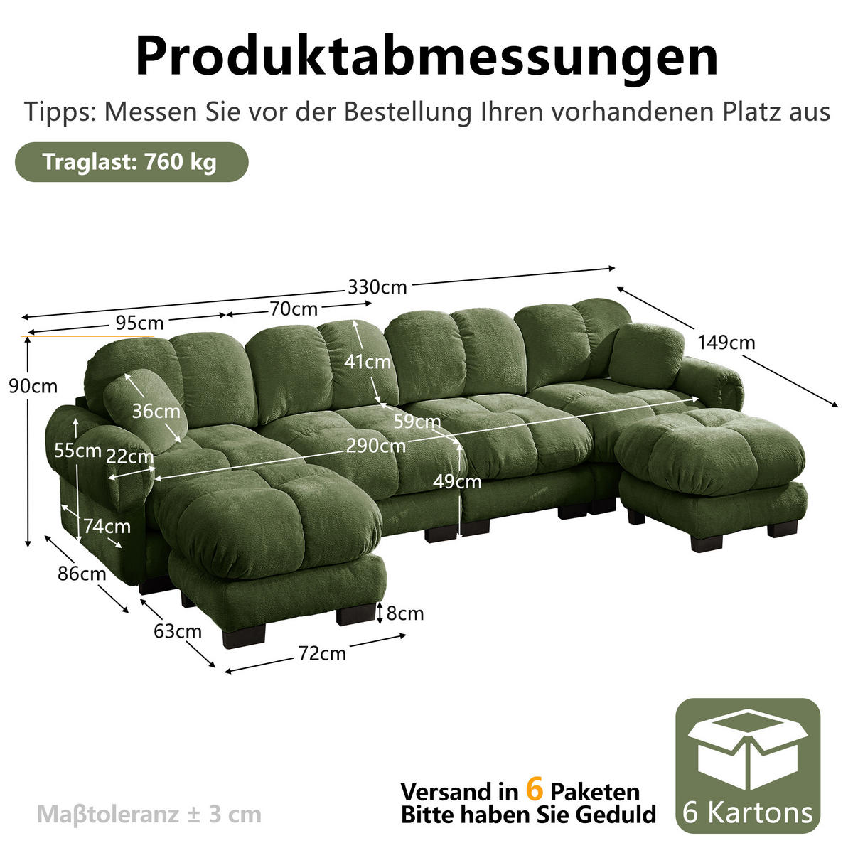 WOHNLANDSCHAFT DE-34384 U-Form mit 2 Ottomans und Steppdesign Grün - Grün, Textil (149/90/330cm) - ComfortXL