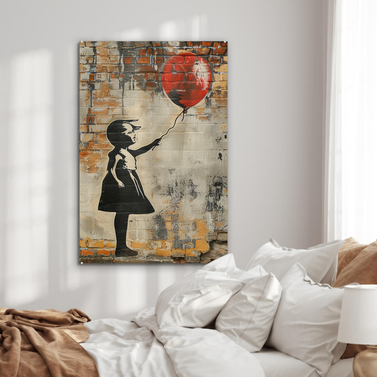 ACRYLGLASBILD Graffiti - Banksy - Mädchen - Straßenkunst 60x90 cm - Sandfarben, Glas (60/90cm) - MuchoWow