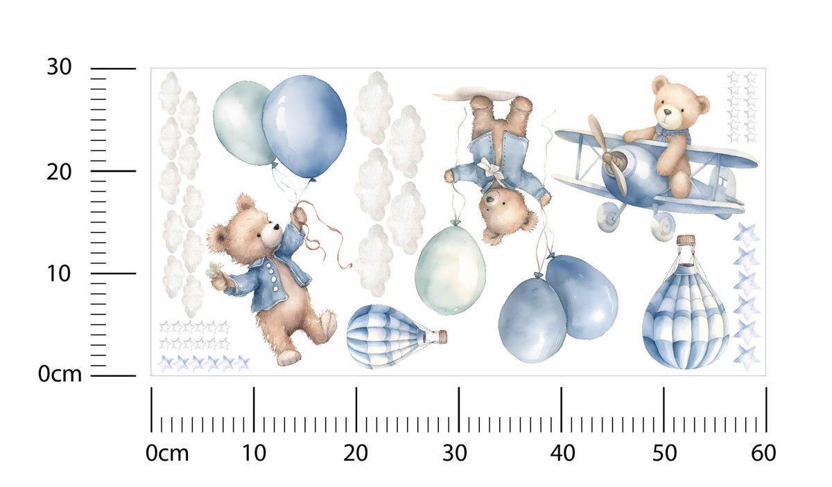 WANDSTICKER Bären Ballons 60x30 - Blau/Beige, Papier (60/30/30cm) - Muralo