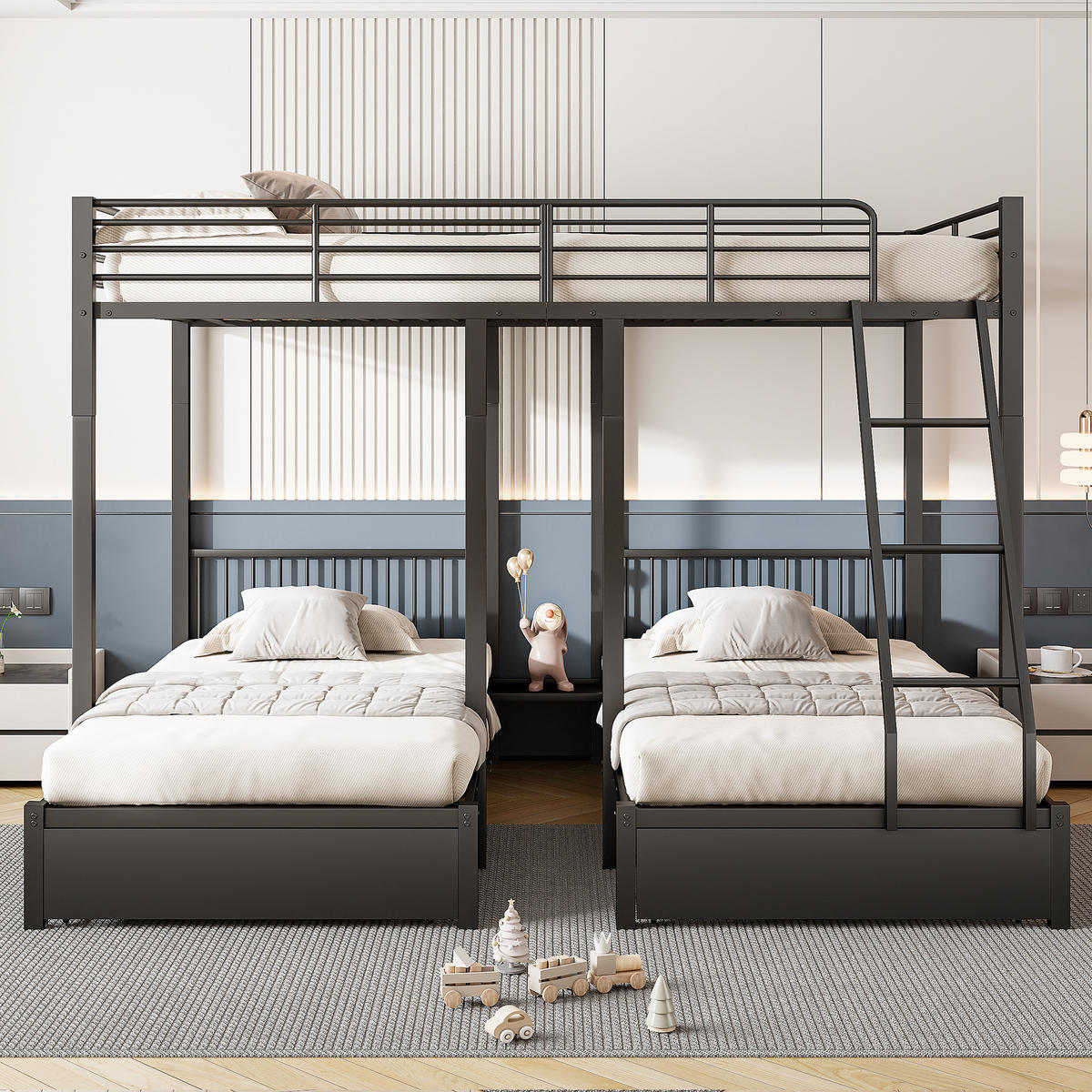 ETAGENBETT 140/200 cm schwarz aus Metall mit 2 Schubladen teilbar - Schwarz, Metall (140/200cm) - OKWISH