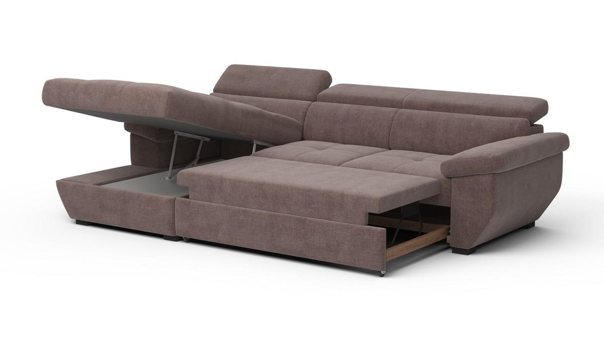 ECKSOFA mit Schlaffunktion und Bettkasten, verstellbare Kopflehnen - Taupe/Schwarz, Kunststoff/Textil (267/170cm) - Cotta