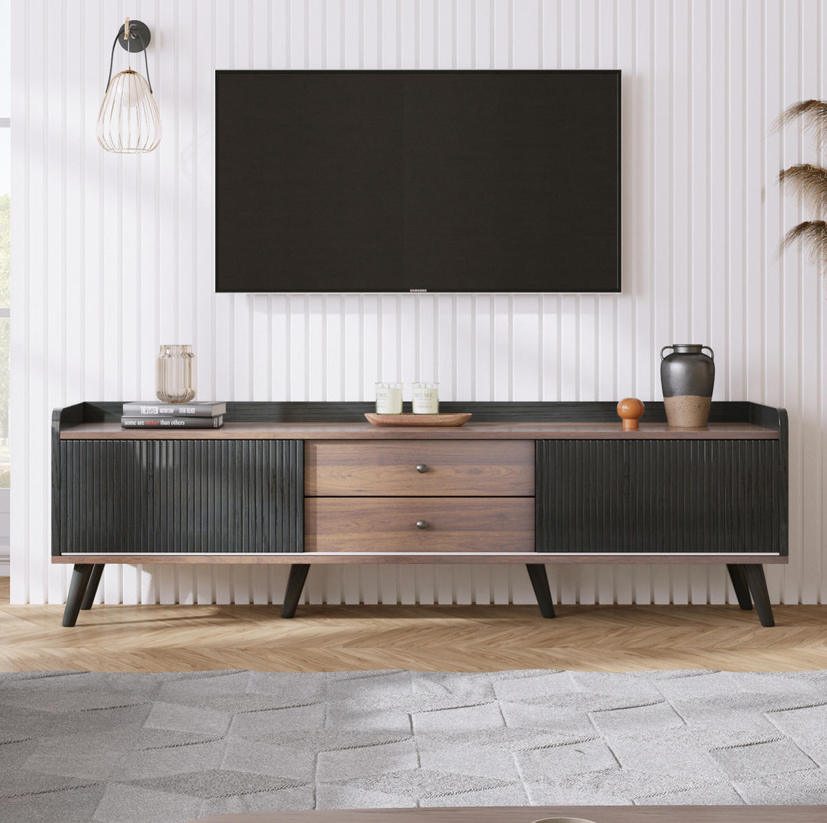 TV-LOWBOARD aus Spanplatte 160x40x58 cm Schwarz/Holzfarben mit Schiebetüren und Schubladen - Schwarz, Holzwerkstoff (160/58/40cm) - IVMEU