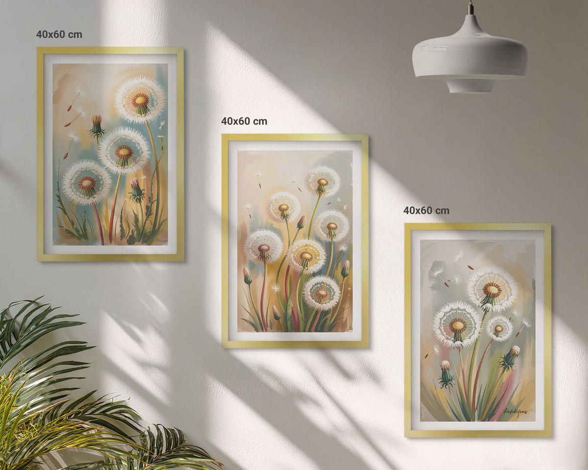 BILDER SET 3er Set - 40x60 cm Goldrahmen - Löwenzahnblüten, pastellfarbene Gräser - Goldfarben, Kunststoff (40/60cm) - TULUP