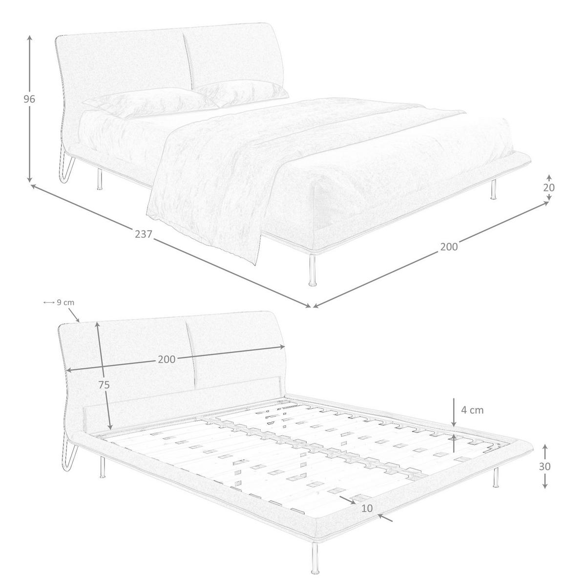 BETT aus Stoff 200/237/96 cm - Dunkelgrau/Schwarz, Holz/Textil (180/200cm) - ANGEL CERDA