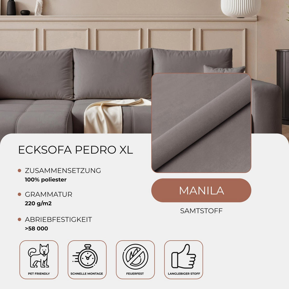 ECKSOFA XL Velours mit Bettkasten und Schlaffunktion - Dunkelgrau, Holzwerkstoff/Textil (278/145cm) - Idohome