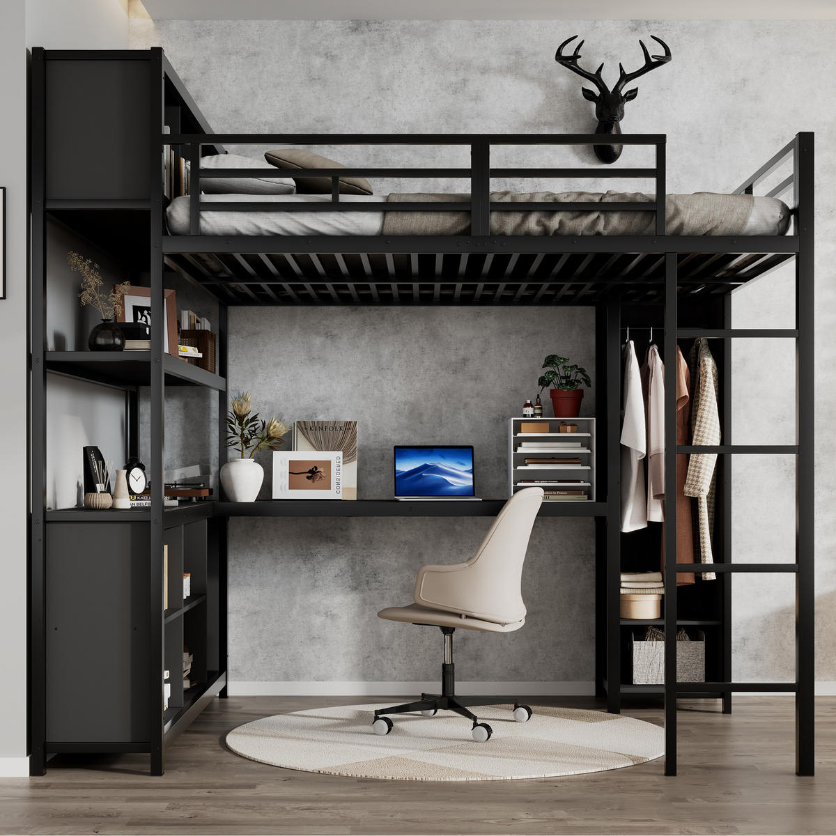 HOCHBETT aus Metall und Holz 140x200 cm in Schwarz mit Stauraum & Schrank - Schwarz, Metall (140/200cm) - Modfu