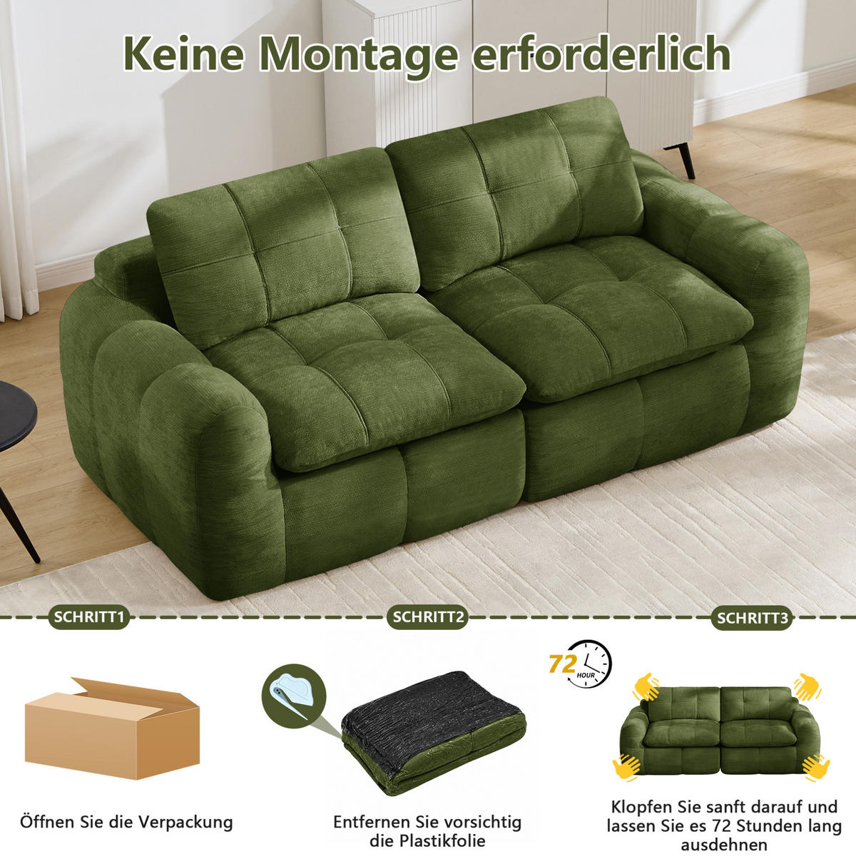 SOFA 194/97/68 cm in Grün mit Chenillebezug und hoher Formstabilität - Grün, Textil (97/68/194cm) - Flora Grace