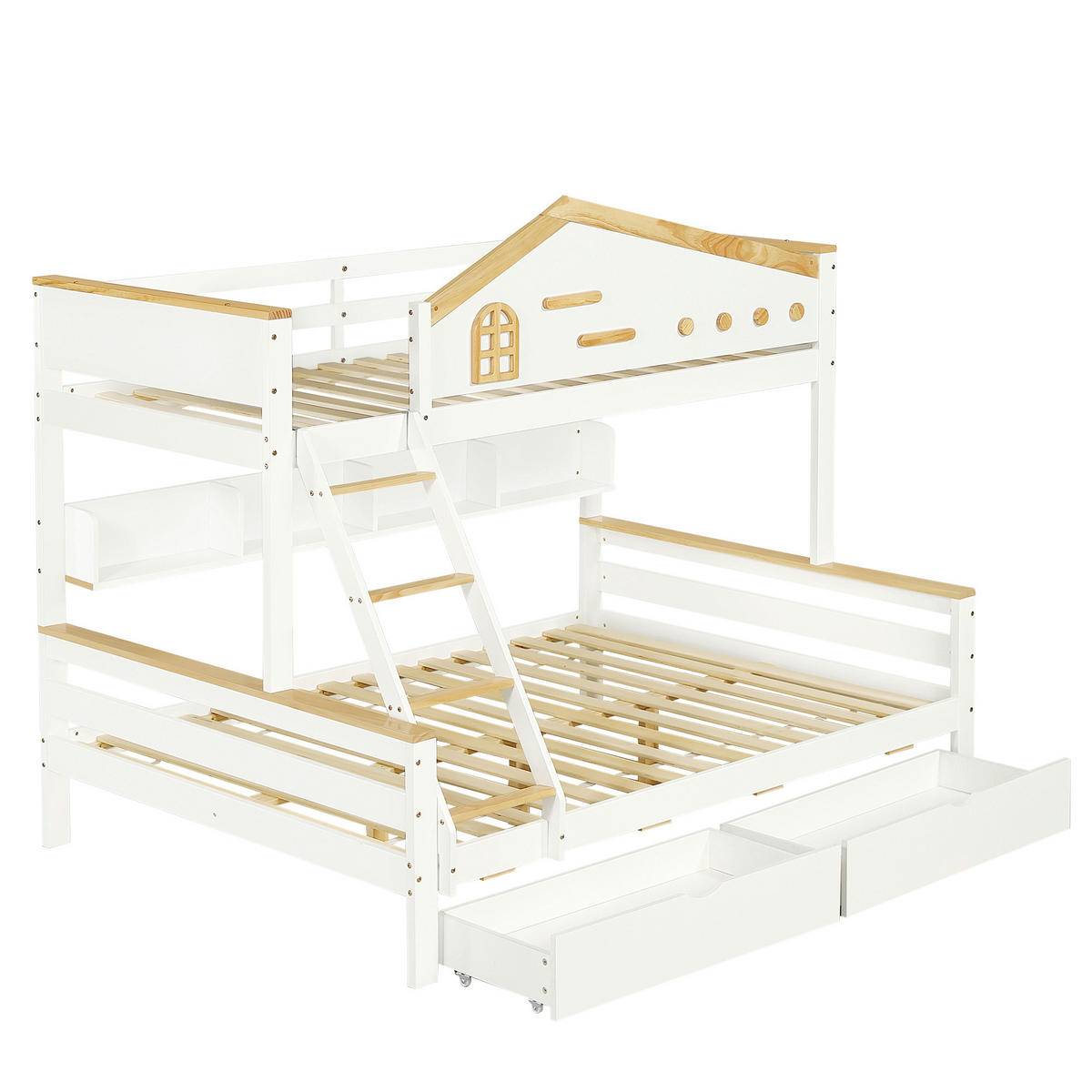 ETAGENBETT 90/200 cm & 140/200 cm in Weiß & Natur Kinderbett mit 2 Schubladen, Regal und Schrägleiter - Weiß, Holz (90/200cm) - STILVORA