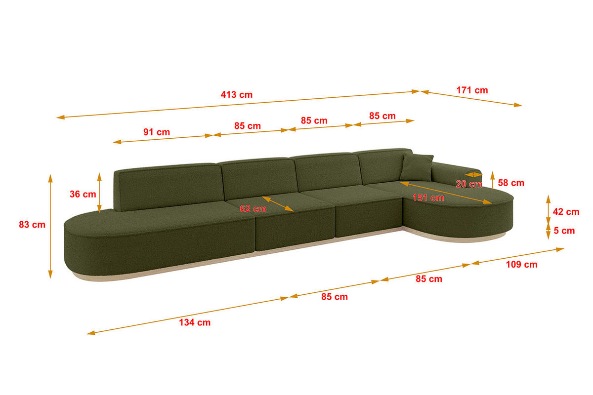 ECKSOFA Ottomane Rechts MARI-L3-v1 - 413x171x83 cm Grün Bouclé - Grün, Holzwerkstoff/Textil (171/413cm) - ALTDECOR