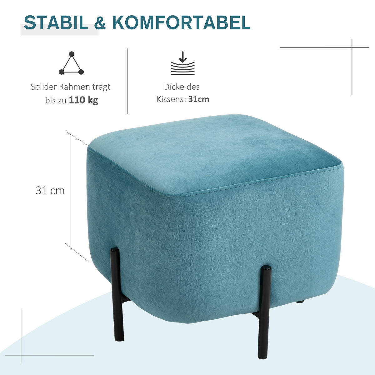 FUSSHOCKER Fußstütze für Wohnzimmer gepolstert Polyester Stahl Türkis - Türkis, Kunststoff (44.5/41.5/44.5cm) - HOMCOM