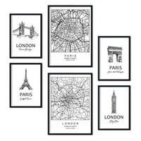 POSTER Set Mit 6 Von Paris Und London Sammlung A3 & A4 Schwarzer Rahmen - Schwarz, Papier (29/3cm) - Nacnic