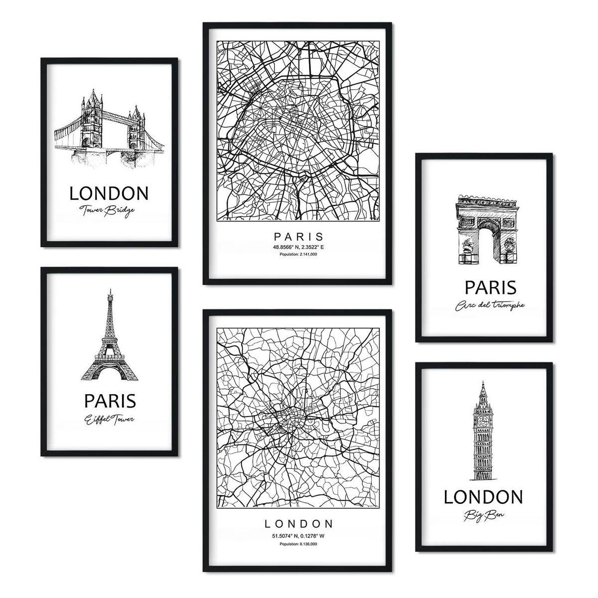 POSTER Set Mit 6 Von Paris Und London Sammlung A3 & A4 Schwarzer Rahmen - Schwarz, Papier (29/3cm) - Nacnic